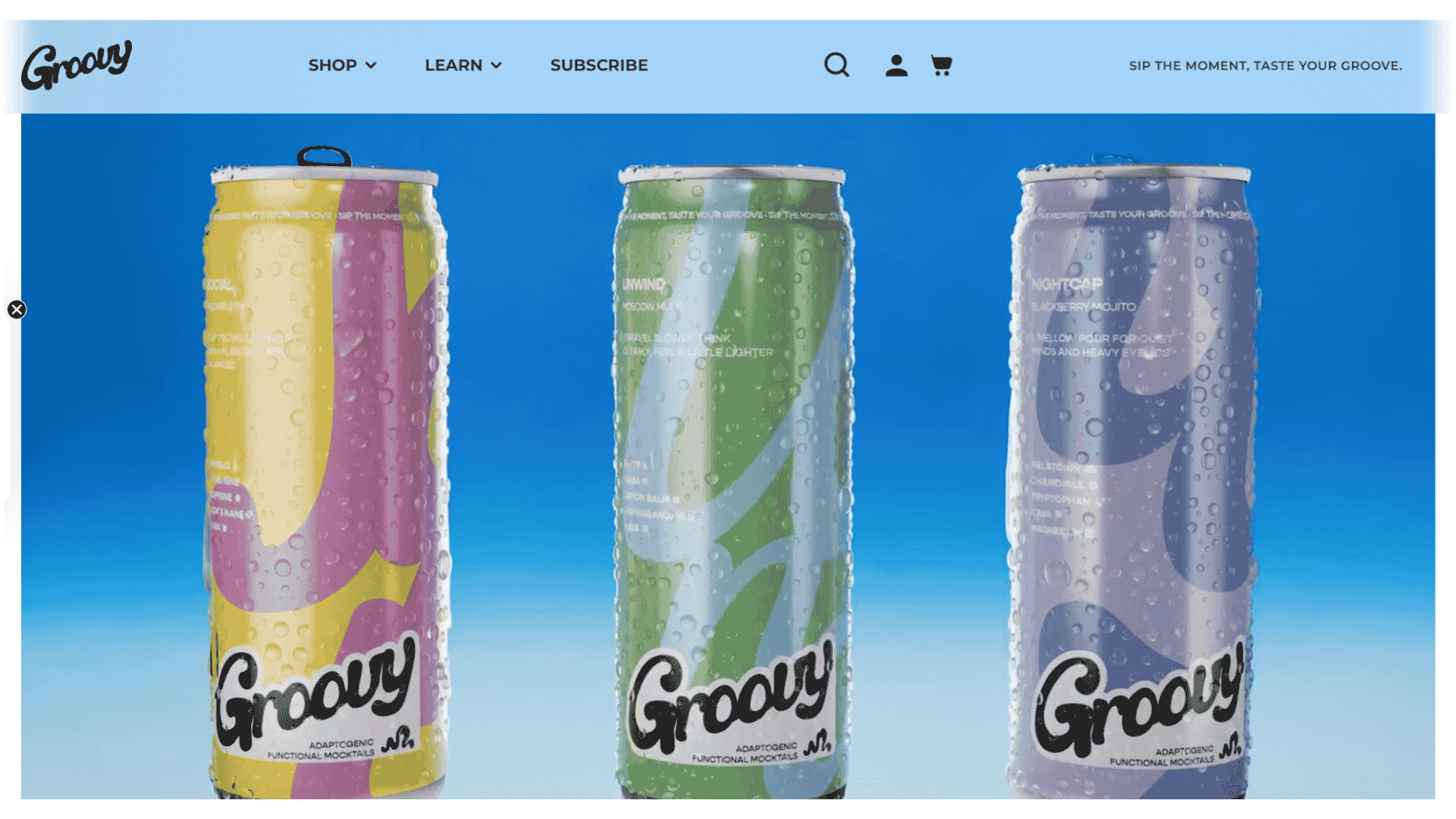 Groovy website featuring three functional mocktail cans
