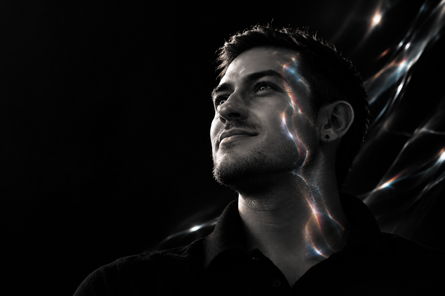 Farith Arcos, cinematic portrait with silver and iridescent reflections