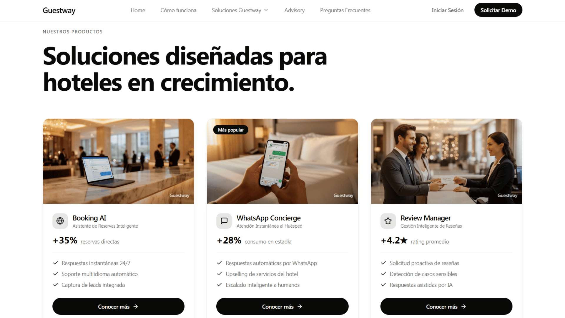 GuestWay Solutions website showing Booking AI, WhatsApp Concierge, and Review Manager